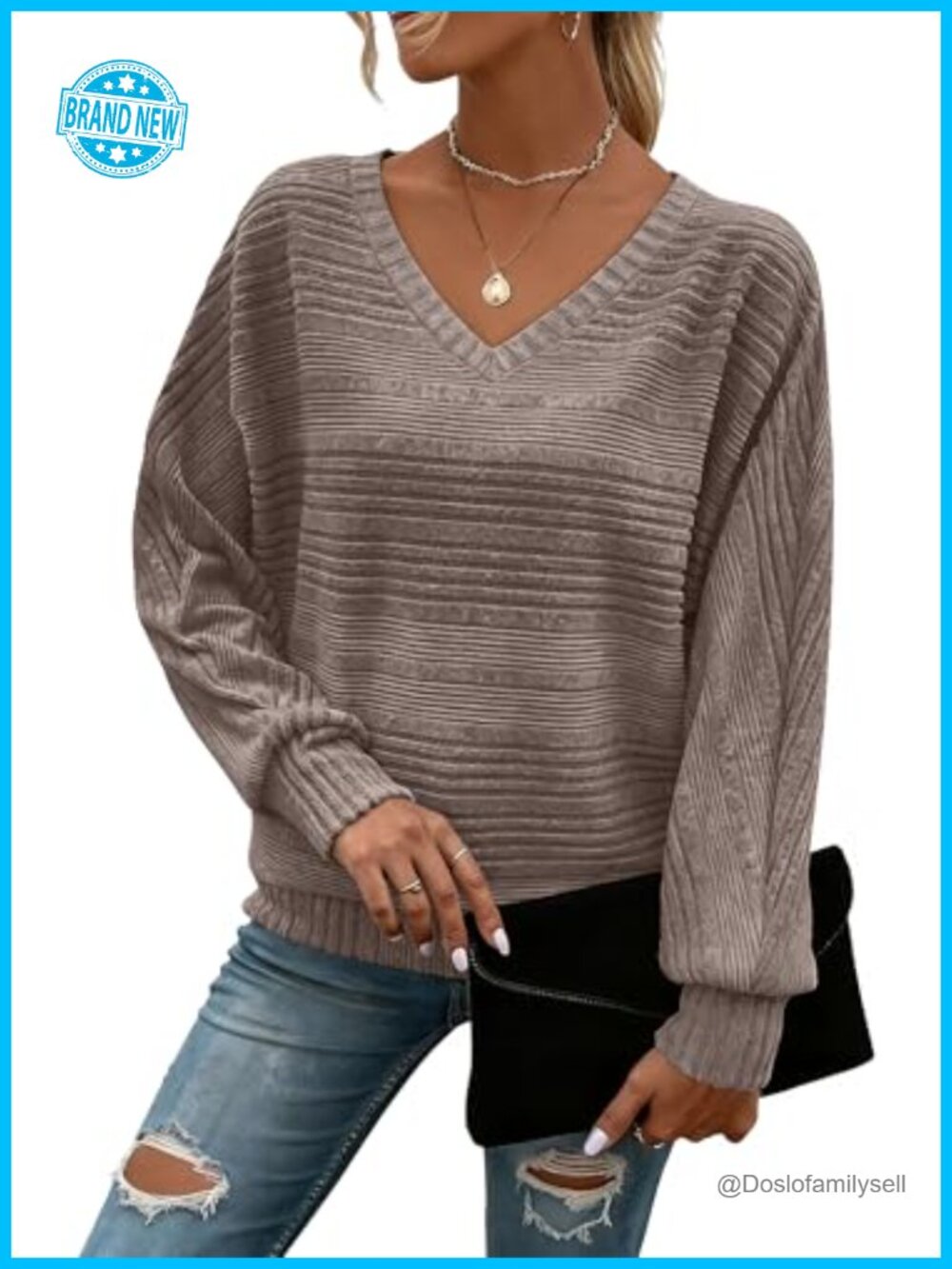 Women's V-Neck Batwing Long Sleeve Tunic Sweater Pullover